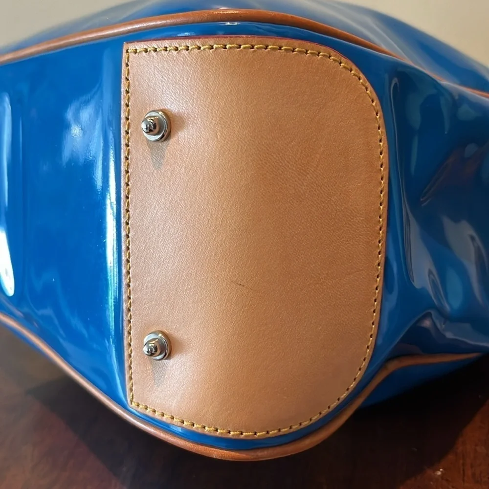 Dooney & Bourke  Satchel  Royal blue coated canvas/ tan leather trim   Like New
